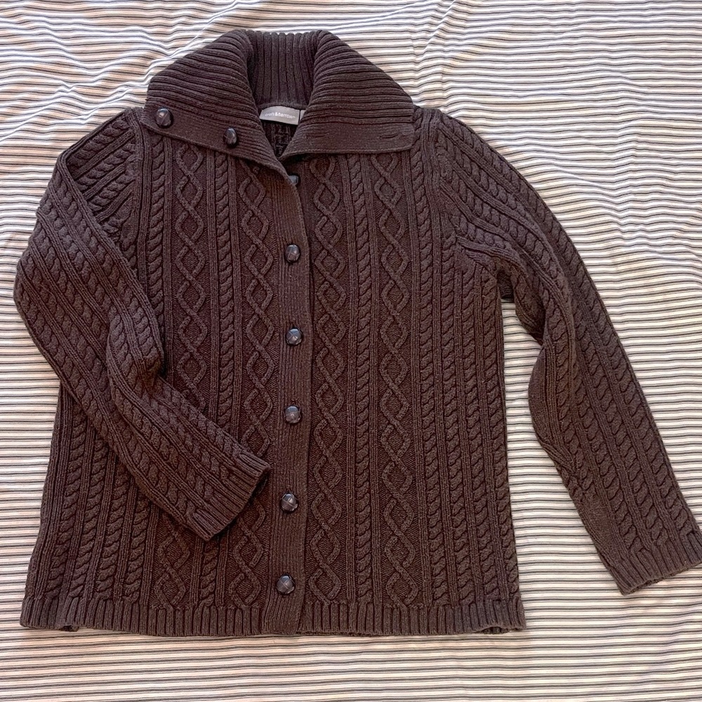 Croft & Barrow Brown Cardigan Cotton Sweater with Cable Knit Design